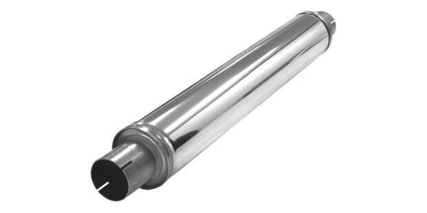 Schalldämpfer Edelstahl 63,5mm 1 auf 1 rund 100mm Durchmesser, Gesamtlänge 755mm
